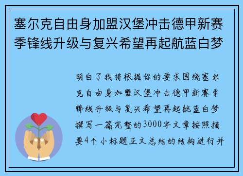 塞尔克自由身加盟汉堡冲击德甲新赛季锋线升级与复兴希望再起航蓝白梦
